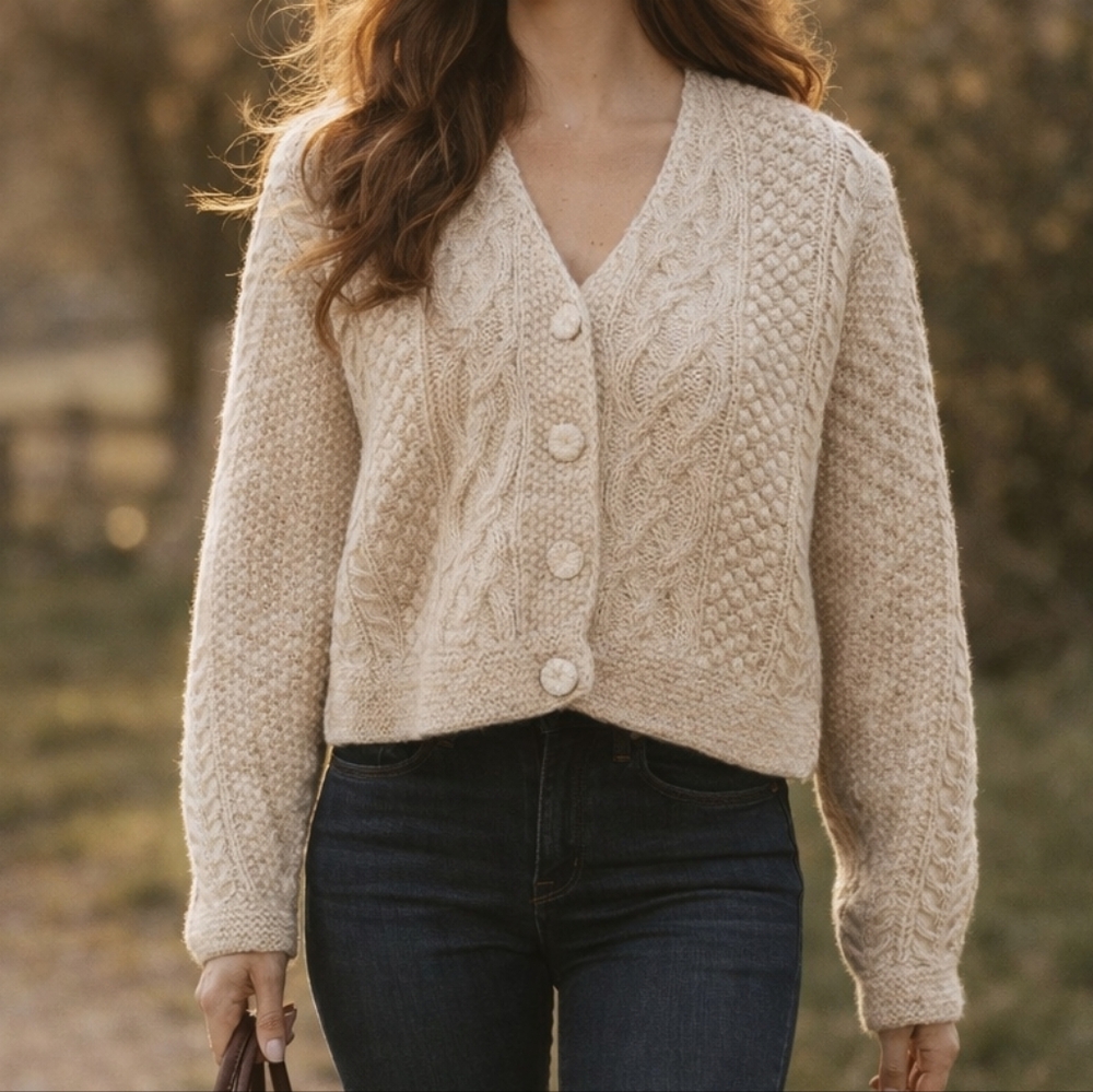 Anthropologie Cream Cable-Knit Button Front Sweater